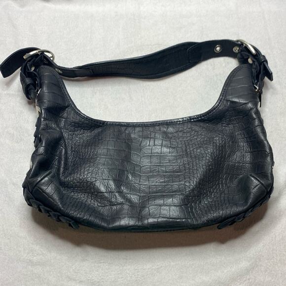 Stuart Weitzman Black Crocodile-Embossed Leather Hobo Bag Silver Hardware - Picture 1 of 7